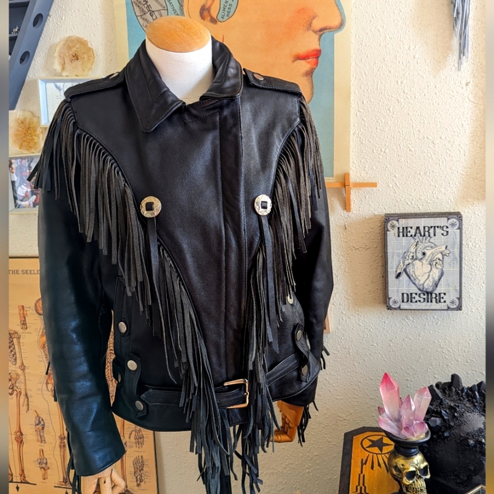 Fringe 1990's Vintage Western Moto Genuine Leather Jacket